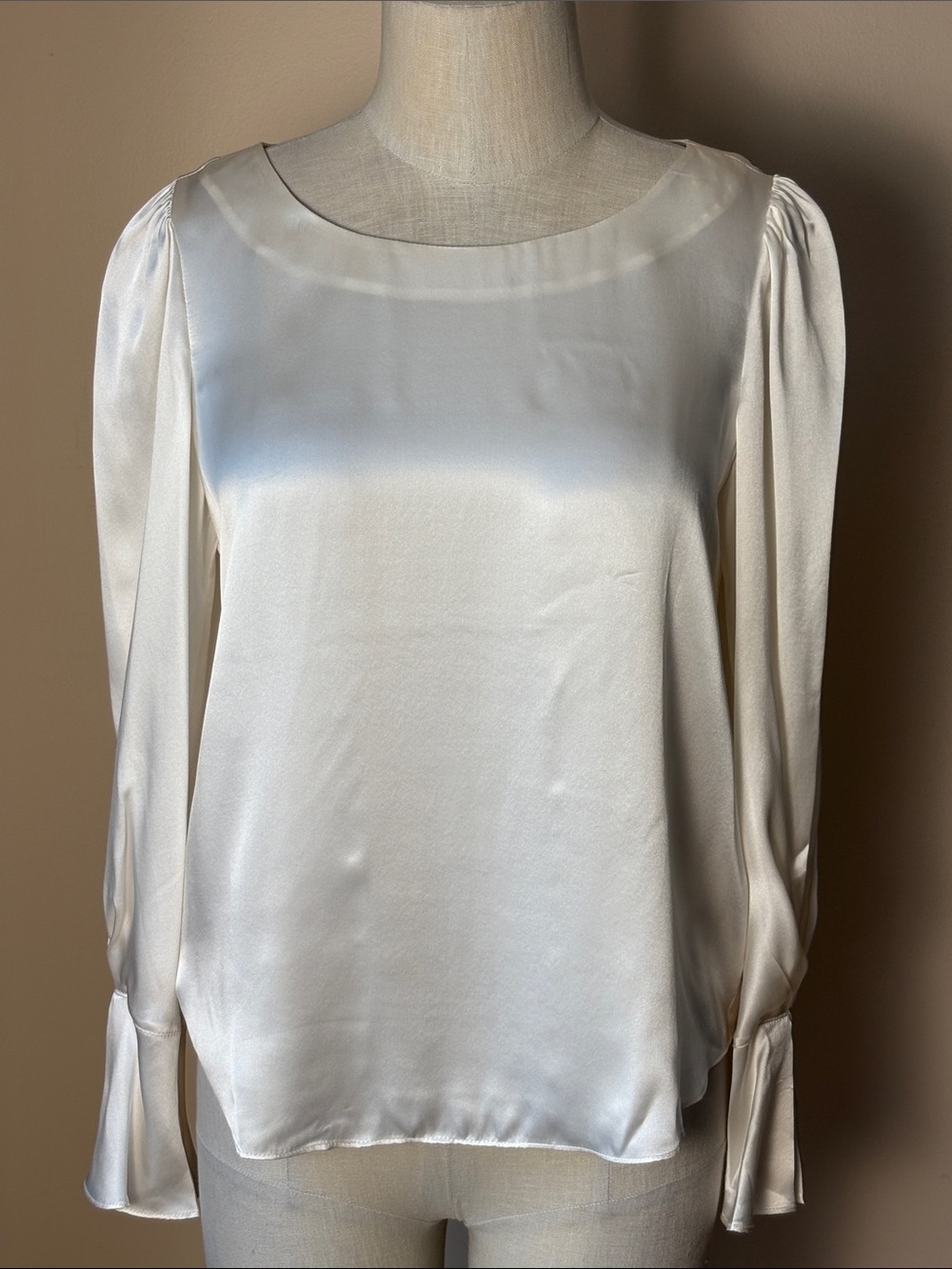 Rebecca Taylor Ivory Silk Long-Sleeve Scoop Neck Blouse